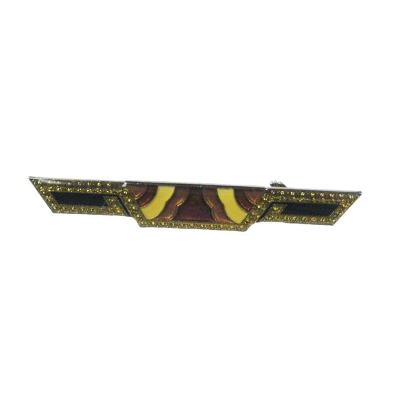 French Art Deco STYLE Enamel Bar Brooch 2 5/8 inch Pin Silvertone Vintage 1970s - Picture 1 of 4